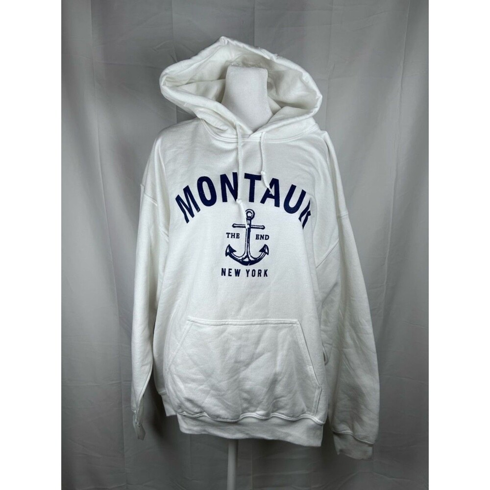 Gildan Montauk White Hoodie Heavy Blend Size Large Navy Blue Print Nautical NY
